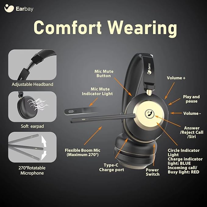 Earbay Wireless Headset, Bluetooth Headphones with Microphone Noise Canceling & USB Dongle, 50hrs Talk Time Headset with Mic Mute & Charging Dock for PC Computer Phone Teams Office Remote Work Call