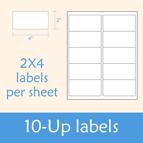 2” x 4” Shipping Labels 2000 Address Labels Printable, White Sticker Label Sheets for Laser Inkjet Printers (10 Labels/Sheet, 200 Sheets)