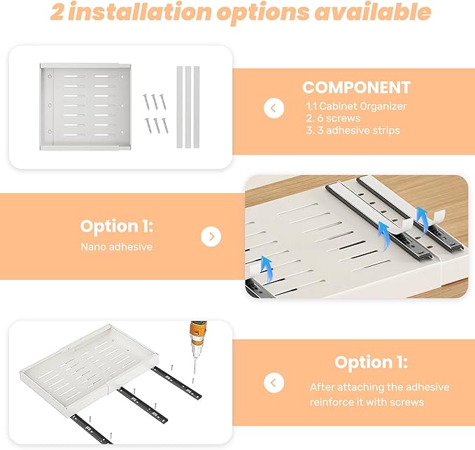 FILTA 2Pack Expandable Pull-Out Cabinet Organizer 21" Deep Slide Out Drawers, Upgrade 3 Slide Rails, Adjustable Width 12.4”-20.4”, With Screws and Nano Film Adhesive, White