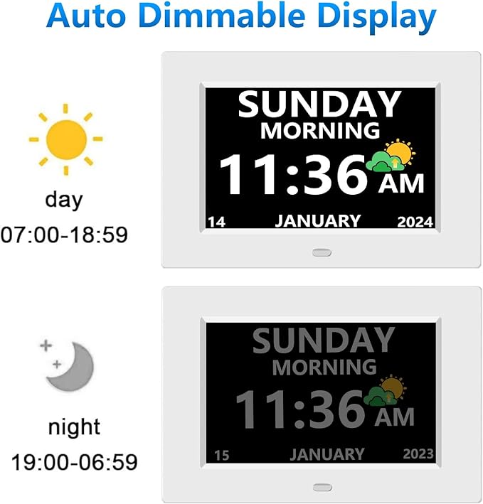 7 Inch Digital Clock with Day and Date for Elderly Alzheimer's Clock Customizable Alarms 3 Display Modes Large Font Alarm Clock for Seniors Auto DST White