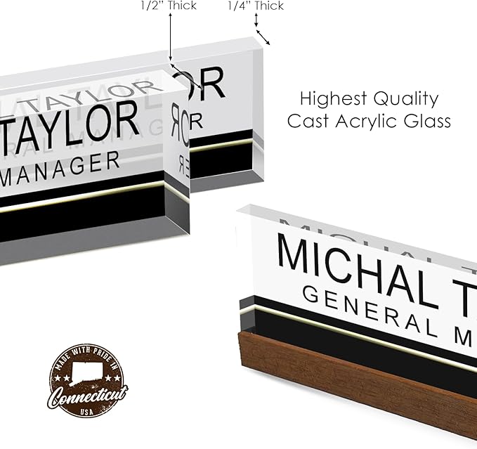 Artblox Personalized Office Desk Name Plate and Business Card Holder | Clear Acrylic Glass with Teak Wood Stand | Black Stripe Design Customized with Your Name and Credentials Office Desk Decor