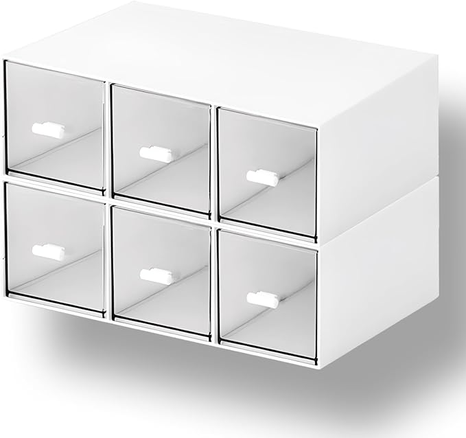 Desktop Drawers, Desk Organizer with 6 Drawers, Stackable Plastic Storage Box for Home Collection, Cosmetics, Office Supplies (2 Tall Layers, White)
