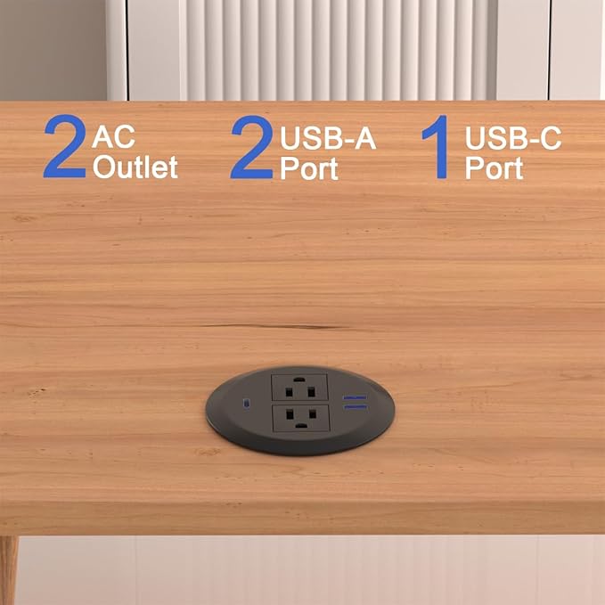 Desktop Power Grommet - Set of 2,3-inch,20W USB C Fast Charging,Fits 3-1/8" Holes.Round Recessed Power Strip Flush Mount Desk Grommet Outlet,2-AC Outlet,3-USB Port,5 ft Cord,Black