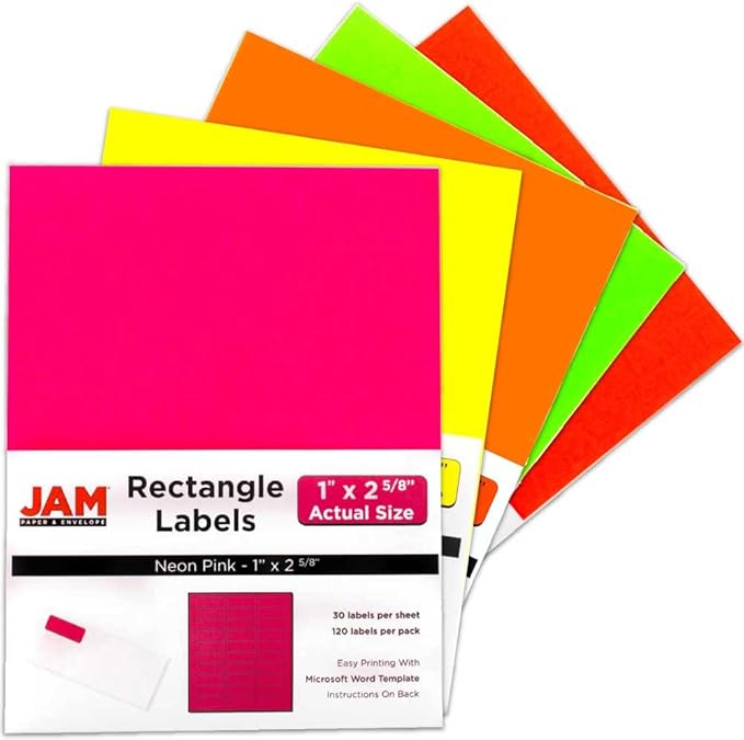 JAM PAPER Return Address Labels - Standard Mailing - 1 x 2 5/8 - Assorted Neon Colors - 600 Shipping Labels/Pack