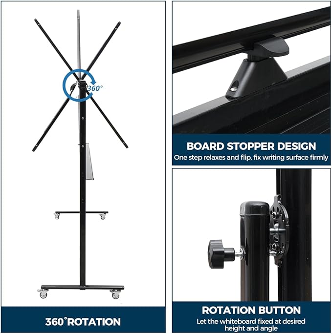 Large 72x40 Inch Mobile Whiteboard, Double-Sided Magnetic Dry Erase Board on 360-Degree Rolling Stand, Height-Adjustable, Reversible for Office, Classroom & Home Use