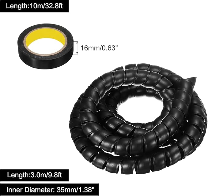 MECCANIXITY Spiral Cable Wrap 9.8ft/3.0M 35mm Cable Management Sleeve PP Insulation Cord Organizer for Computer Wire Power Cable Gas Pipe Black with Tape
