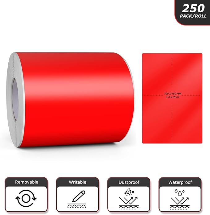 Meitaat Red Rectangle Stickers 6 x 4 Inch Color Coding Labels Vinyl Roll Self-Adhesive Waterproof Removable 250 PCS
