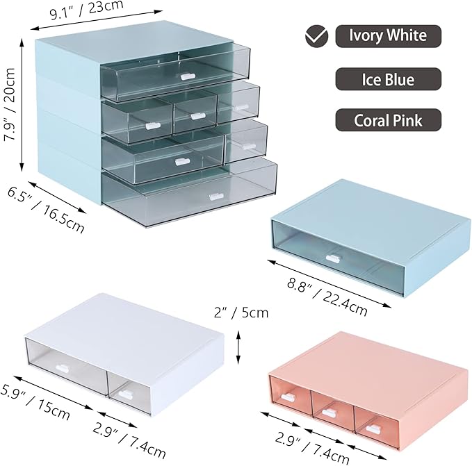 Desk Craft Organizer and Storage with 7 Flat Drawers, Stackable Plastic Desktop Accessories & Workspace Organizer for Office Stationary, Makeup Skincare, Sanitation Supplies, White