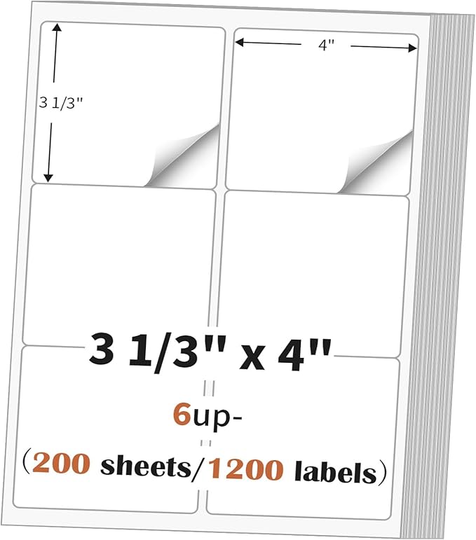 3 1/3" x 4" (200 Sheets) Address Labels Sticker Paper for Laser/Ink Jet Printer, Printable and Writable White Sticker Label- Matte, 6 per Page Label (Total 1200 Labels)