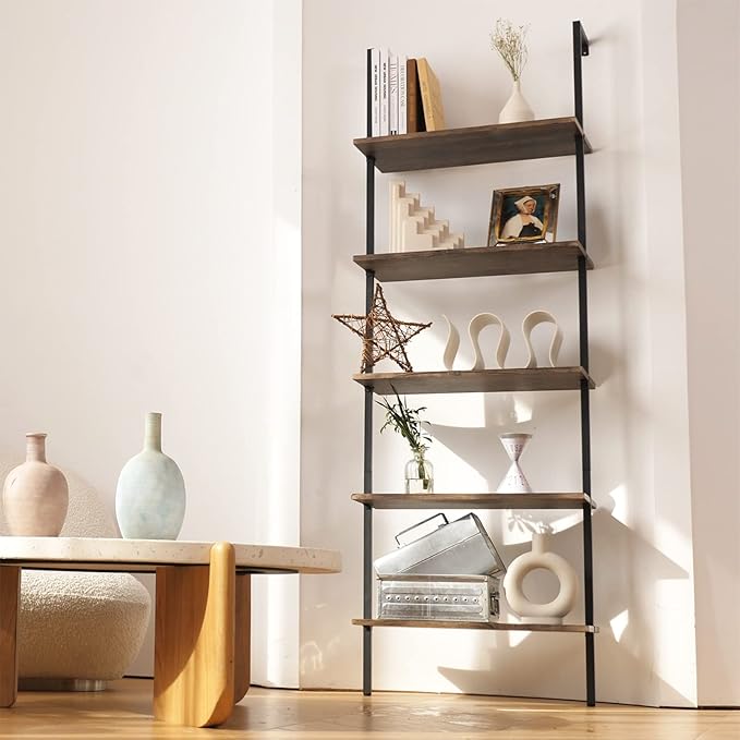 aboxoo Ladder Shelf Open Bookshelf 5-tier Wood Wall-mounted Bookcase Storage Rack Open Back Industrial Modern Plant Flower Stand Utility Organizer Bookcase Metal Frame Furniture Office Kitchen Bedroom