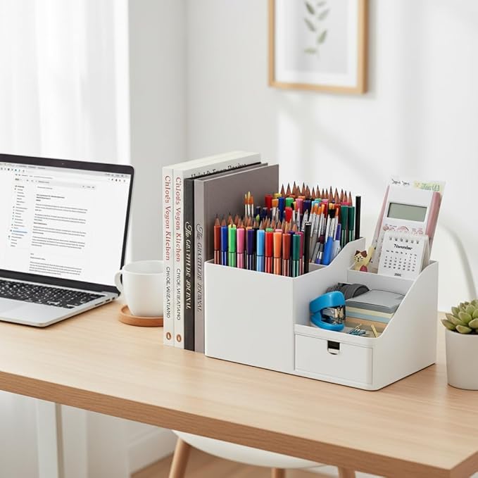 Adjustable Desk Drawer Organizer, Pen Holder, Pencil Holder for desk and Accessories, 5 Compartments, Art Supply Storage Caddy for Desk School Office Supplies