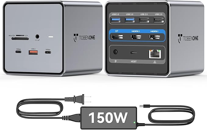 TobenONE USB C Docking Station Dual/Triple Monitors with 150W Power Adapter for Dell/HP/Lenovo/Surface/Asus/Chromebook, 2 HDMI, DP, 5 USB, Ethernet, SD 4.0/Micro SD