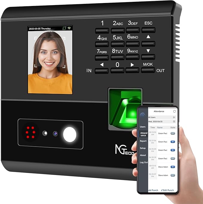 NGTeco APP-Based Time Clocks, 4-in-1 (Face, Fingerprint, RFID, PIN) Times Clock for Employees Small Business, 2.4GHz WiFi Clock in Machine Support Shift Schedules, iOS & Android APP, No Monthly Fee