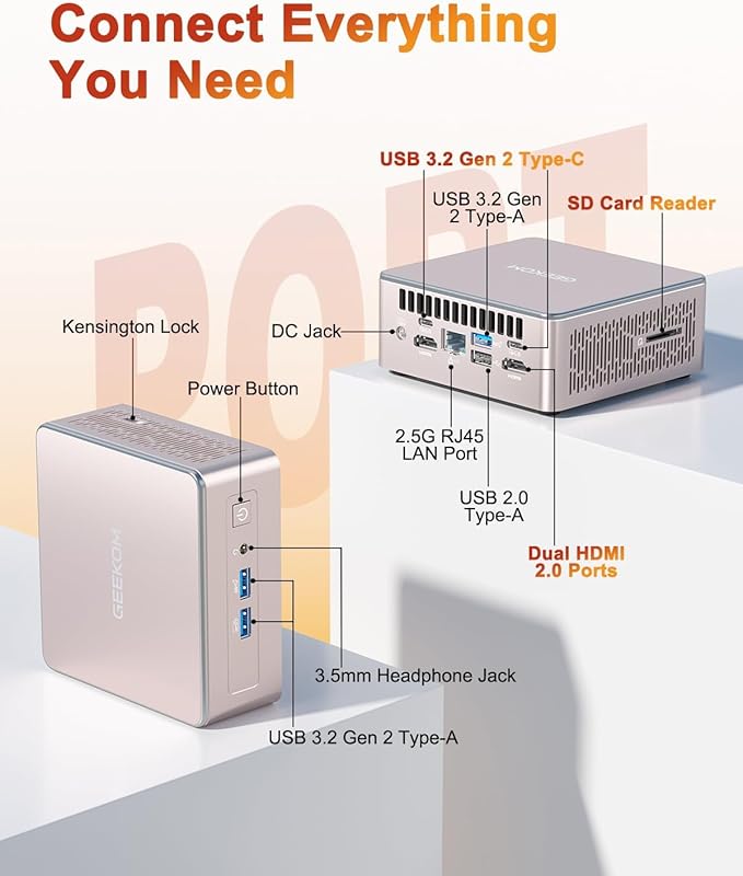 GEEKOM A5 Mini PC, with AMD Ryzen 7 5825U(Turbo 4.5GHz), 16GB RAM(Not LPDDR) & 1TB M.2 PCIe NVMe SSD, Vega 8 Graphics, Windows 11 Desktop Computer Support 8K UHD/Wi-Fi 6/Bluetooth 5.2 for Office,Gamer