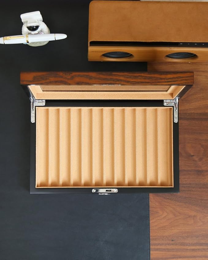 12-Slot Fountain Pen Collector Case – Lockable Wooden Organizer with Glass Display Top, Premium Storage Box for Writing Instruments and Gift for Men