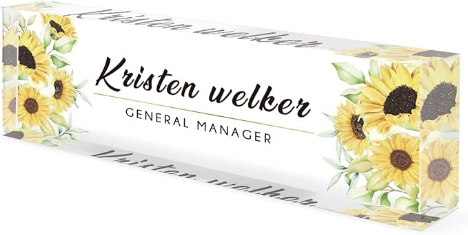 Personalized Office Name Plate for Desk, Custom Employee Appreciation Gifts, Acrylic Desk Name Plate Funny, Desk Decorations Gift, Acrylic Desk Ornaments (Sunflower)