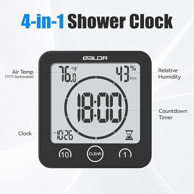 Baldr Shower Clock Waterproof Bathroom Clock with Timer/Temperature/Humidity, Digital Timers for Kids and Adults, Bath Kitchen Study, Black