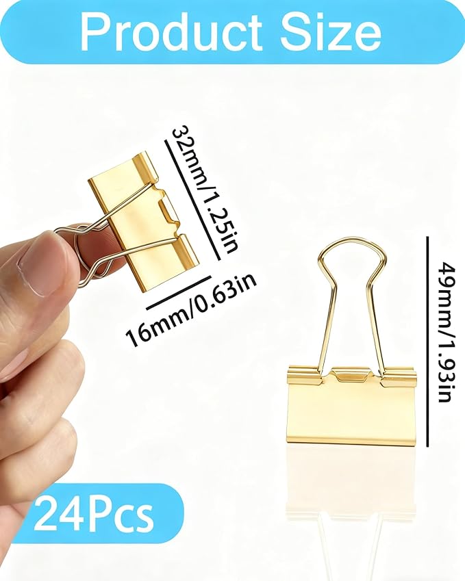 Konilaomu 24Pcs Binder Clips 1.25in Reusable Paper Clamps Clips Binder Paper Clips for Office Supplies, Document Storage, Study Room, School (Gold)
