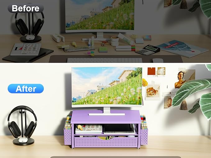 Spacrea Desk Organizer and Accessories, Computer Monitor Stand Riser with Drawer and 2 Pen Holders, Office Desk Accessories & Workspace Organizers for Office Supplies (Purple)