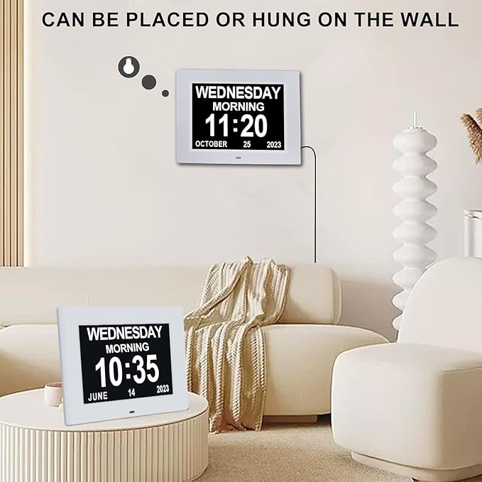 8 Inch Extra Large Calendar Day Date Time Clock with Non-Abbreviated Day Month Dementia Clocks Perfect for Senior Elderly Impaired Vision Memory Loss