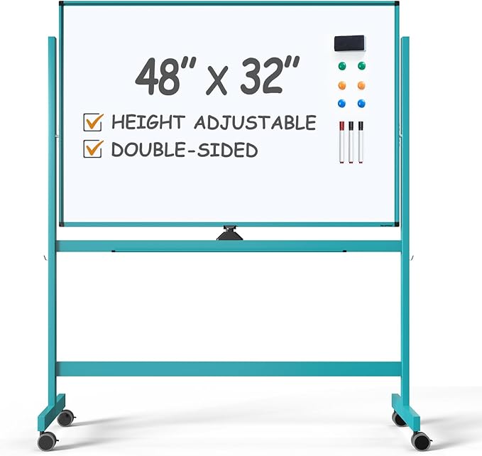 TSJ OFFICE Large Rolling Whiteboard - Dry Erase Magnetic 48 x 32 Inches White Board Height Adjust Double Sides Mobile Portable Easel on Wheels, Dry Erase Board with Stand for Office, Home & Classroom