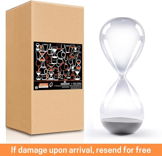 SWISSELITE Hourglass Sand Timers, Hourglass Sand Clock Inspired Glass for Home, Desk, Office Decor (8Inch-30Mins Gray)