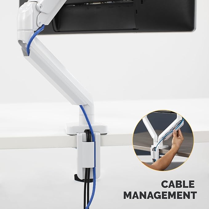 Fellowes Platinum Series Single Monitor Arm for 40-Inch Monitors, Full Motion, 360° Rotation, VESA Mount with Grommet or Clamp, USB Ports, Ergonomic, White, 8056201