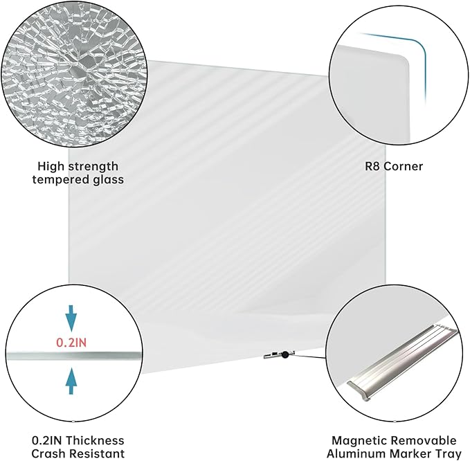 Magnetic Glass Whiteboard - Glass Dry Erase Board 48"x36" Large Frameless Glass Board for Walls Office School and Home, Gray