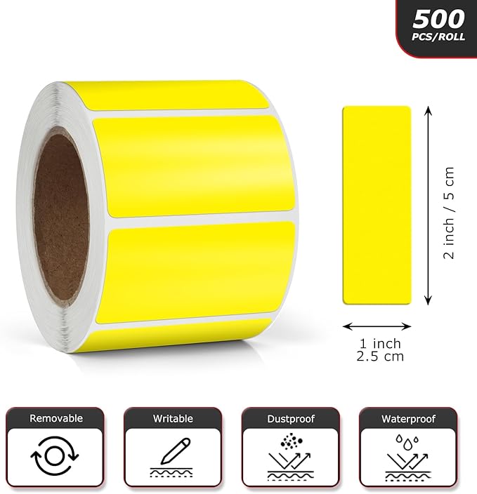 Meitaat Yellow Rectangle Stickers 2 x 1 Inch Color Coding Labels Vinyl Roll Self-Adhesive Waterproof Removable 500 PCS