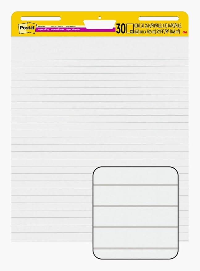 Post-it Super Sticky Easel Pad, 25 x 30 Inches, 30 Sheets/Pad, 6 Pads (561WL VAD 6PK), Large White Lined Premium Self Stick Flip Chart Paper
