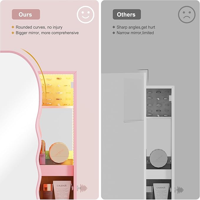 HNEBC LED Mirror Jewelry Cabinet,Wall or Door Mounted Jewelry Armoire Organizer with Lights,Lockable Wide Wavy Mirror with Storage,42.5" L Full Length Mirror with Jewelry Storage,Interior Mirror