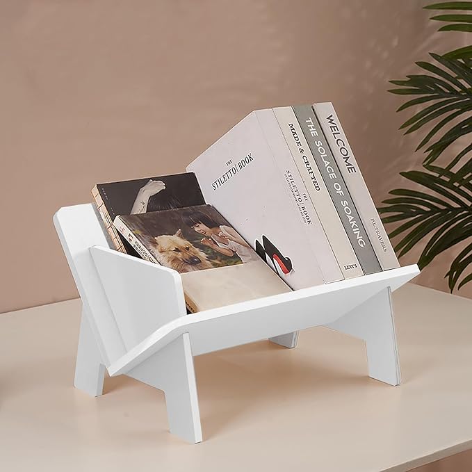 Wood Bookcase in Living Room/Home/Office, Desktop Book Shelf Organizer Bookshelves Storage Rack for CDs/Magazine/Books Display (White, 13.6")