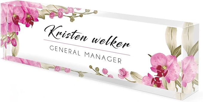 Desk Name Plate Personalized, Custom Name Plates for Desks, Office Desk Decor, Orchids Style Clear Acrylic Glass Block, Personalized Office Gifts for Women Men Boss Teachers Coworker Appreciation Gift