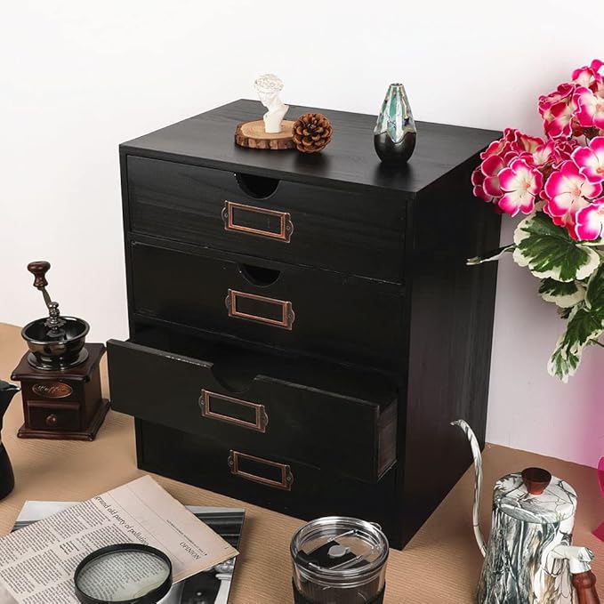 Wooden Storage Box Rustic Desktop Organizer with 4 Drawers Office Desk Accessories Shelf Large Craft Storage Containers Apothecary Cabinet and Chest Jewelry Holder for women(BLACK)