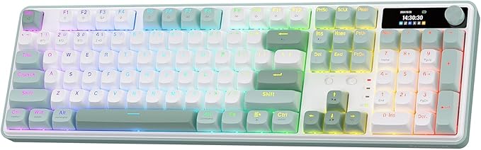 Redragon K761 Wireless Gasket Gaming Keyboard w/Hype Screen & Knob, 104 Keys Mechanical Keyboard, Easy-Control 1.14’’ TFT Info Display, 5-Layer Noise Dampening, Custom Linear Switch, Jade Cloud Color