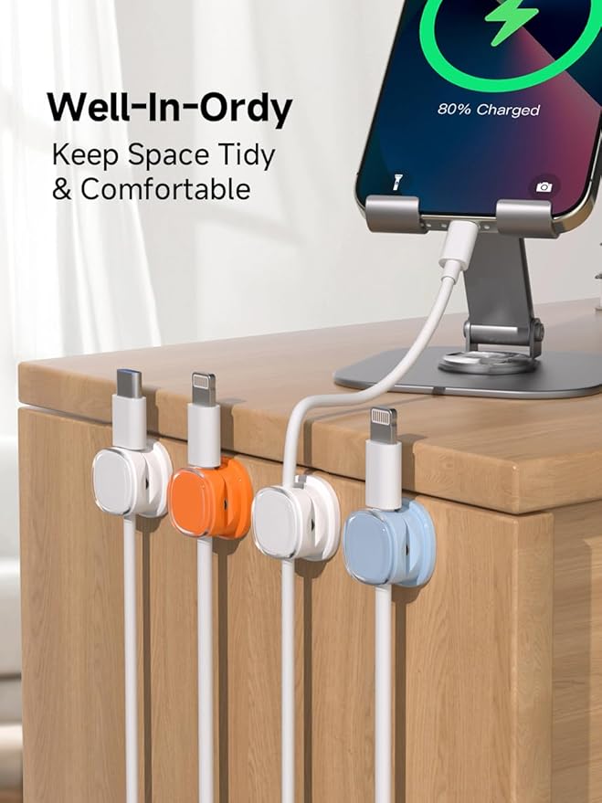 Magnetic Cable Clips, Adjustable Cord Holder Management, Adhesive Wire Keeper Organizer for Home Office Desk Phone PC Car Wall Desktop Nightstand Appliance (9-PCS White_Orange_Blue)