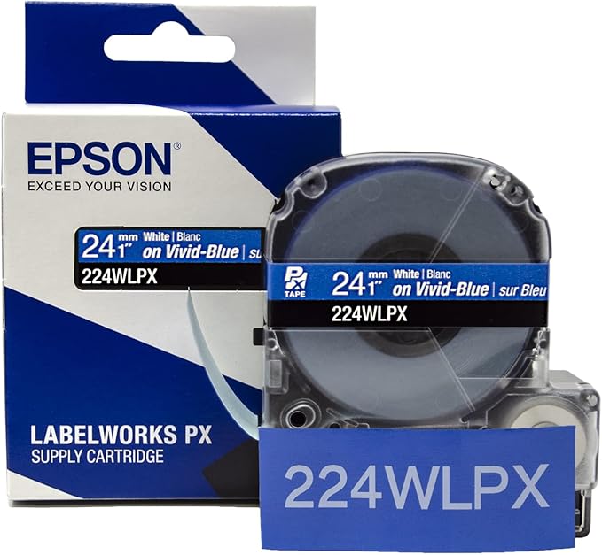 Epson LABELWORKS 224WLPX Genuine PET (Polyester) Tape Cartridge - White on Blue Label Maker Tape - 1" (24MM) Wide, 30'