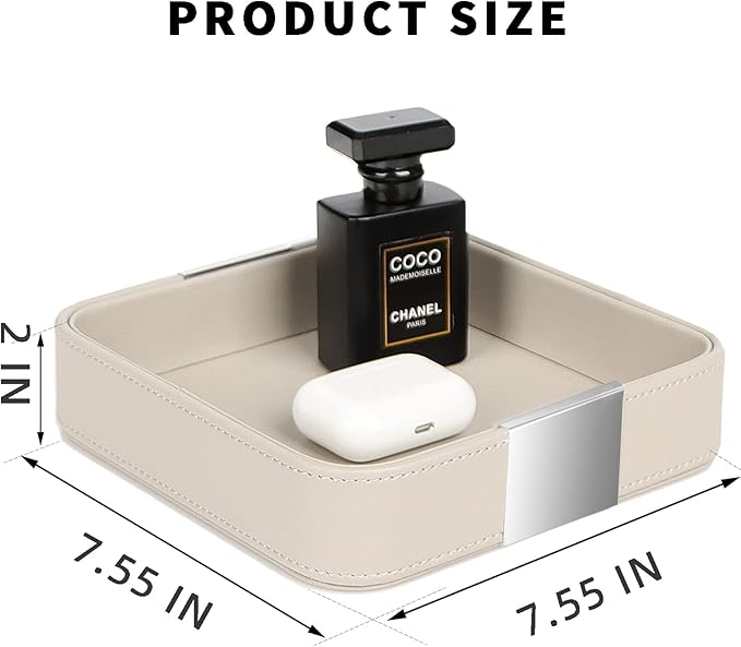 SANZIE Luxury Leather Desktop Storage Small Catchall Organizer Decorative Tray for Entryway Table to Hold Jewelry Watch Cosmetics Keys Phone Wallet, Home & Office Accessories (Metal Silvered, Grey)