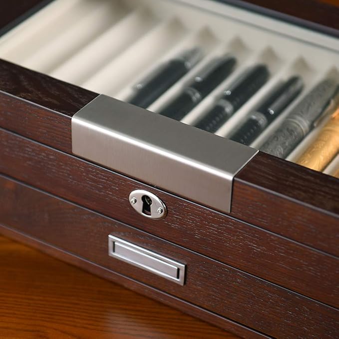 Wood Pen Organizer Box 24 Slot Fountain Pen Display Case with Drawer, Top Glass Window and Lockable Pen Collection Storage Box for Men Gift (24 Slots - Brown w Cream Velvet)