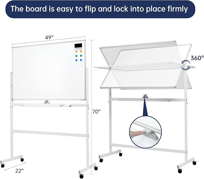 Large Dry-Erase Rolling Magnetic Whiteboard - 48 x 32 Inches White Board Height Adjust Double Sides Mobile Portable Easel on Wheels, Dry Erase Board with Stand for Office, Home & Classroom