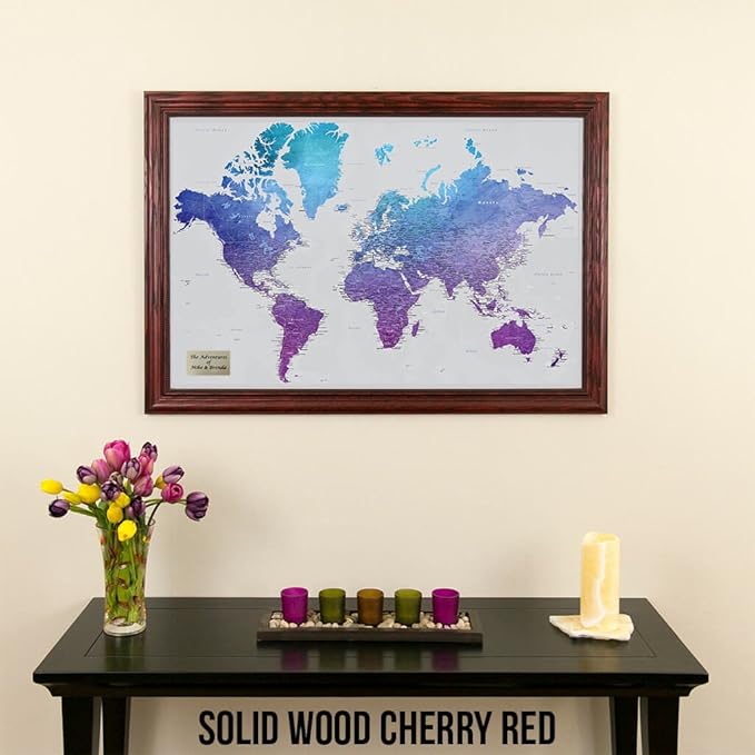 Personalized Vibrant Violet Watercolor World Travel Map with Solid Wood Cherry Red Frame