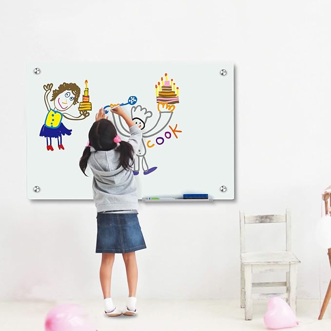 Magnetic Glass Whiteboard with Eraser 48" x 36" Frameless Tempered Glass Dry Erase Board with Marker Tray for Office, Wall Mounted Writing Board (White)