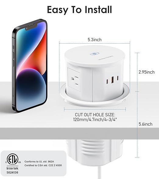 ANNQUAN 4.75" Pop Up Outlet with 65W USB-C,15W Wireless Charger,4 Outlets,3 USB Ports,Pop Up Countertop Receptacle Outlet for Home Office Kitchen