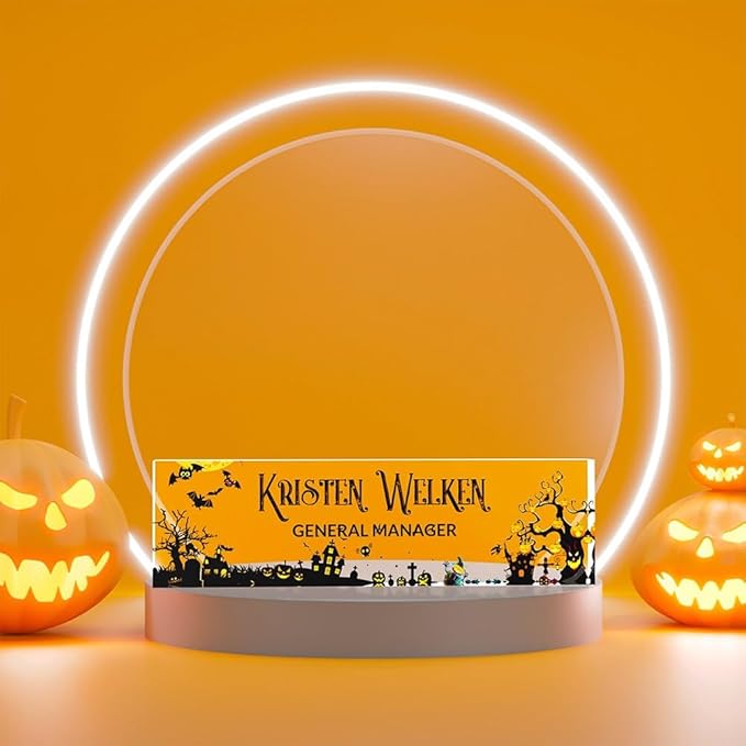 Personalized Name Plate for Desk | Halloween Decor for Work | Custom Desk Decor for Classroom | Acrylic Office Desktop Decorations | Holiday Gifts (Halloween Pumpkin Party)