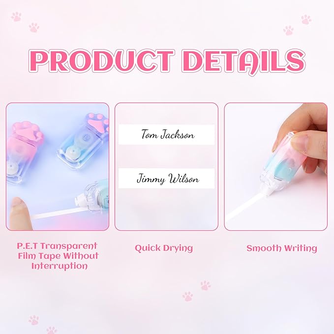 Kogcmeetl 3 Pack White Out Correction Tape, Cute Mini Correction Tape, Kawaii Cat Paw White Out Tape for Cat Lovers Students and School Office Supplies