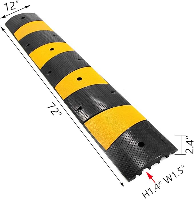 6 Feet Rubber Speed Bumps 1 Pack 2 Channel 27000Lbs Load Capacity 72" Traffic Speed Humps with 4 Bolt Spike for Asphalt Concrete Gravel Driveway