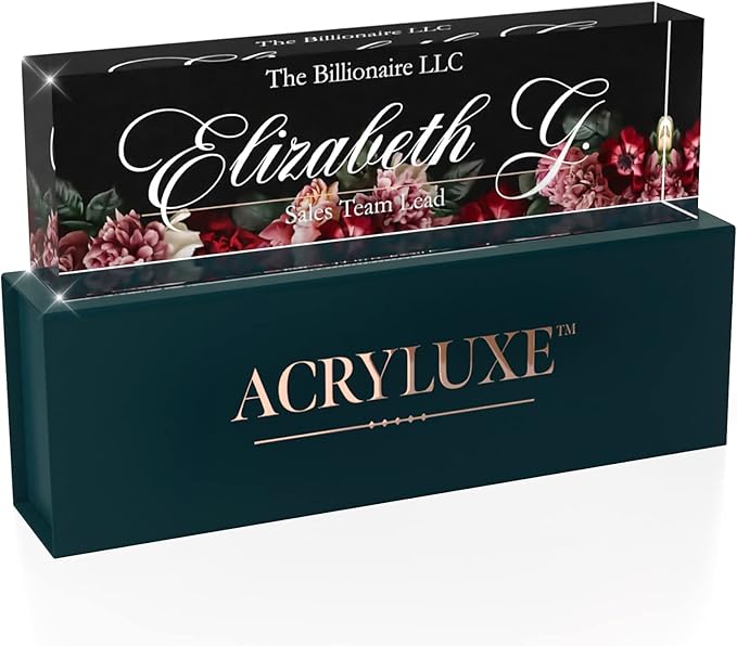 Desk Name Plate Personalized, Custom Name Plates, 2½/x8 Inches, Thick Crystal-Clear Acrylic, Gift Box, Office Desk Decor. USA Made by ACRYLUXE (Florist)