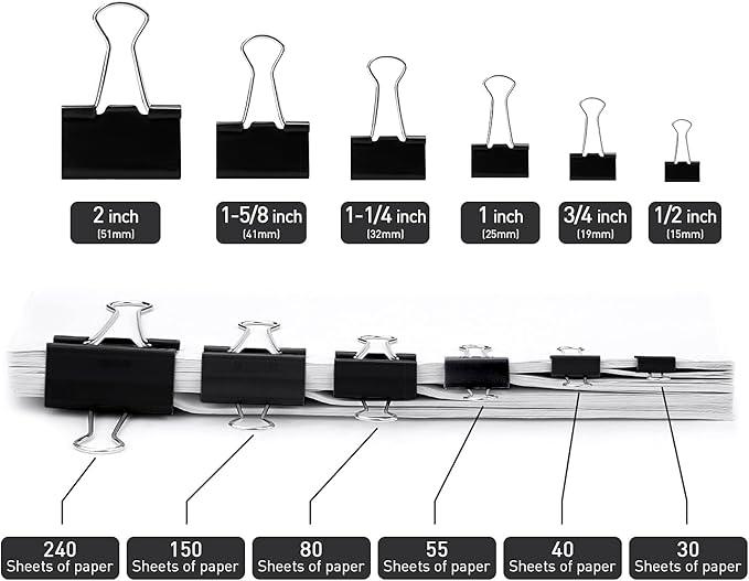 Office Mini Binder Clips, 144 Pack, 5/8 Inch, Black, Standard 15mm, Fold Clamp, Paper Clips