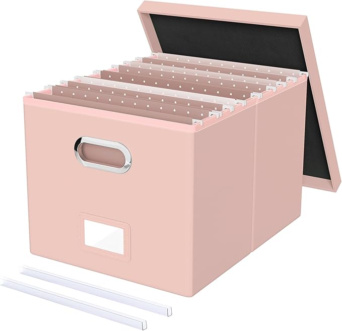 Oterri File Organizer Box with Lid, Portable Hanging File Box for Letter/Legal Files, Office/Decor/Home, Cream-pink (Leather), 1 Pack