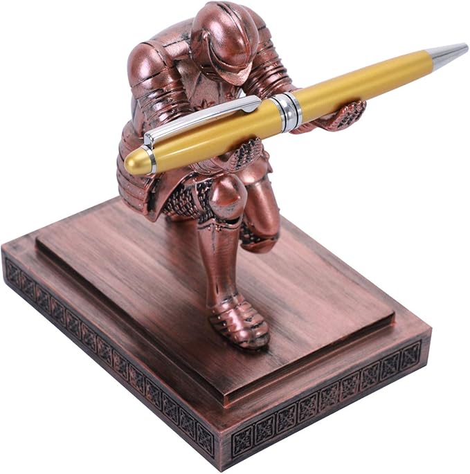 Knight Pen Holder Desk Ornament Resin Pencil Holders Desk Accessories and Organizer For Men with a Cool Pen (Bronze)